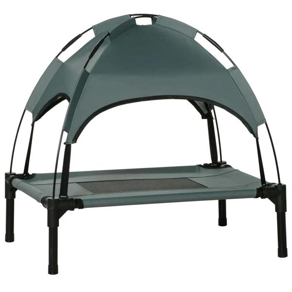 Grey elevated pet bed cot with arched canopy and breathable mesh base