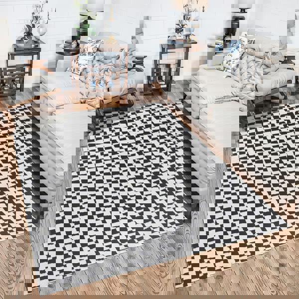 Livabliss Freud-Modern Black Ivory High Pile Checkered Rug