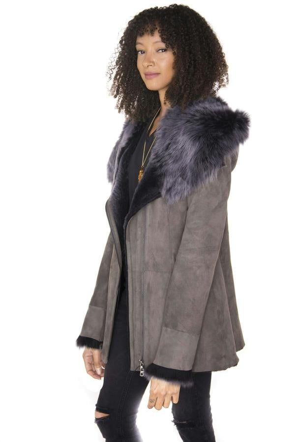 Infinity Leather Womens Grey Suede Hooded Merino Sheepskin Coat-Monrovia