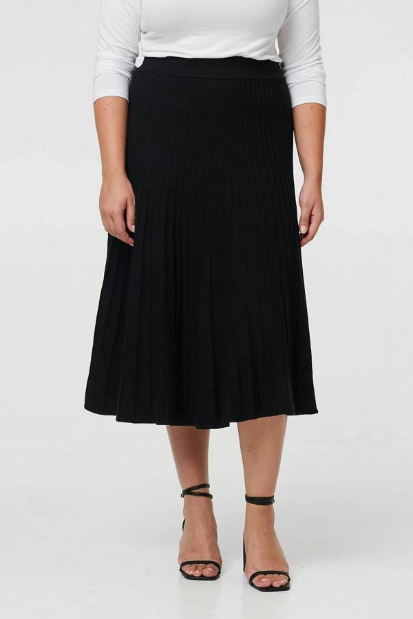 Black | Curve High Waist Pleated Knit Midi Skirt