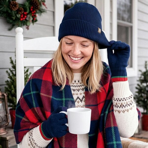 Obasyhig Christmas Check Knitted Hat Scarf and Gloves 3 Piece Set