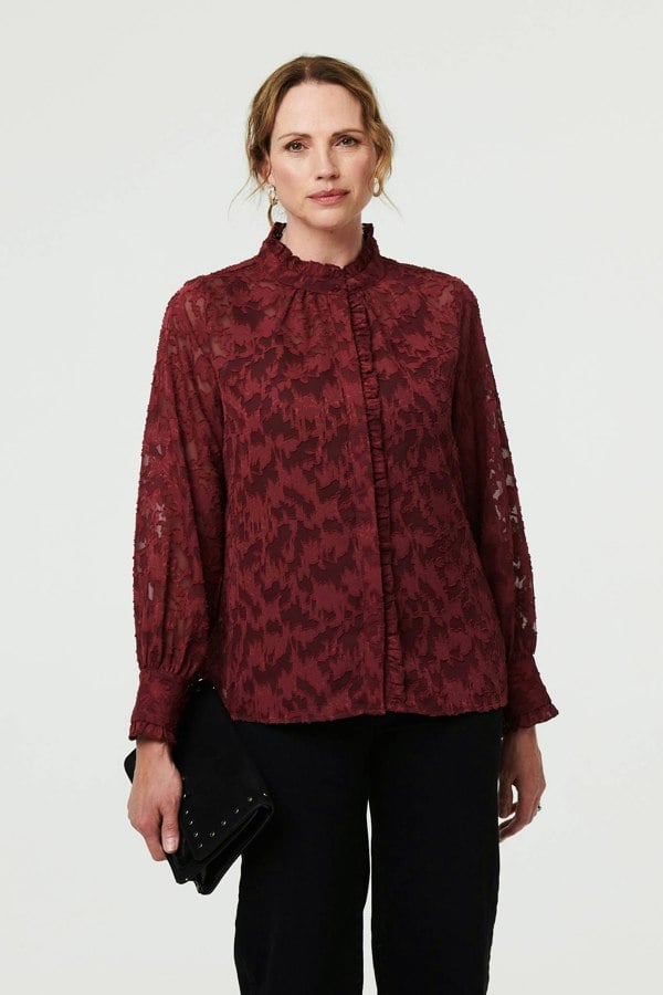 Red | Lace Frill Semi Sheer Long Sleeve Blouse
