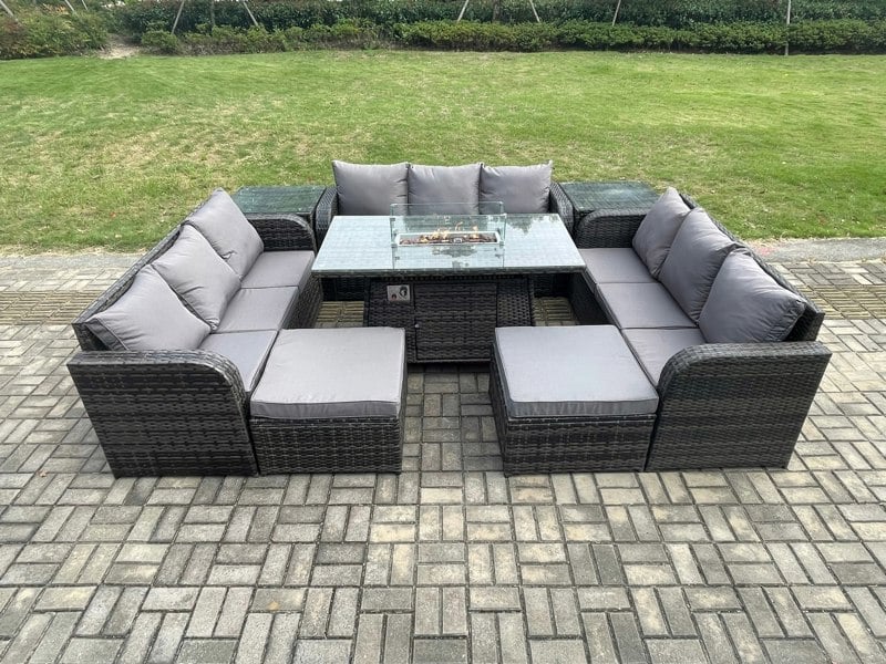 Fimous Rattan Outdoor Garden Furniture Set with Gas Fire Pit Table, 2 Side Tables, 3 Sofas, 2 Large Footstools - 11 Seater - Dark Grey