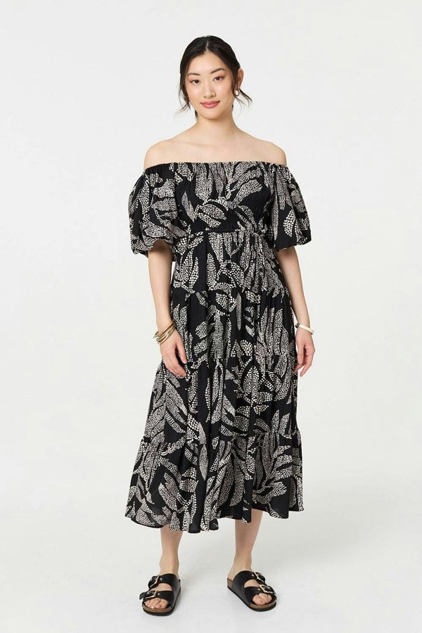 Black | Leaf Print Puff 1/2 Sleeve Midi Dress
