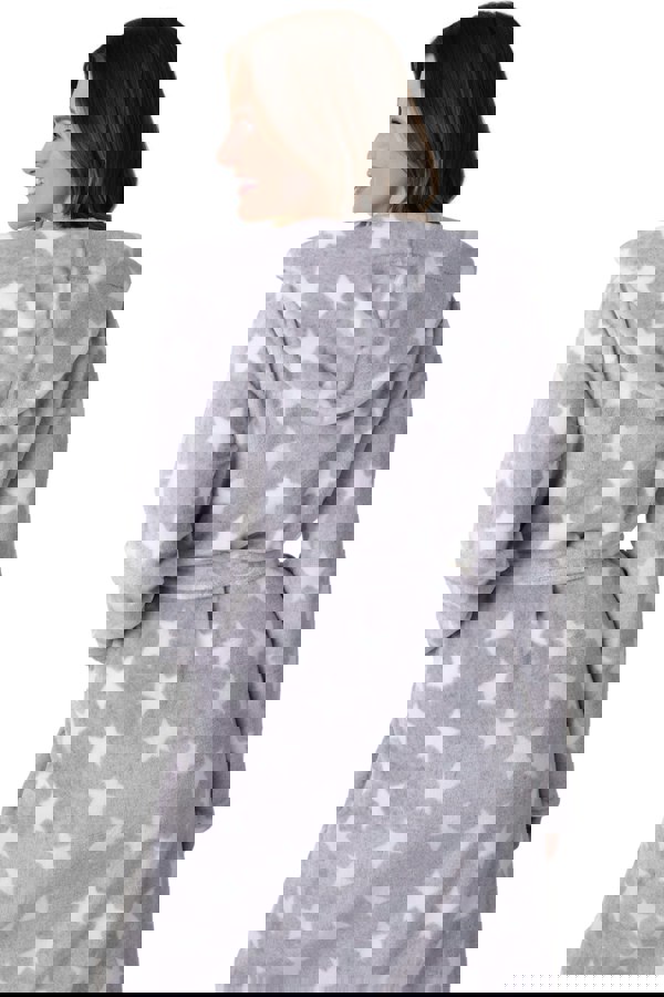 Camille Women's Grey Star Supersoft Fleece Hooded Calf Length Bathrobe