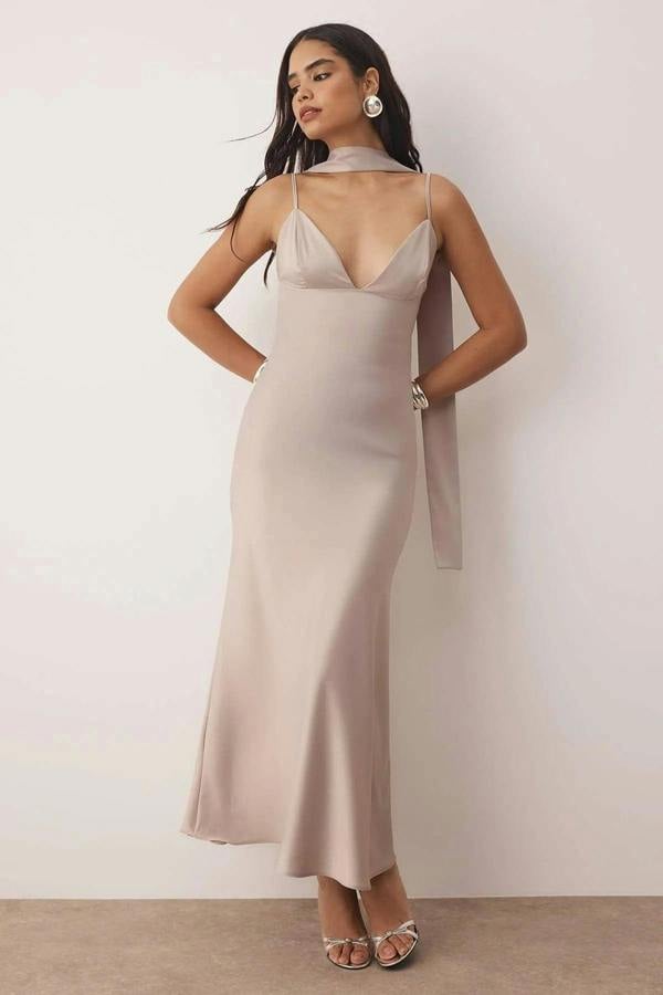 Hoxton Gal Maxi Satin Evening Dress with Shawl Detail