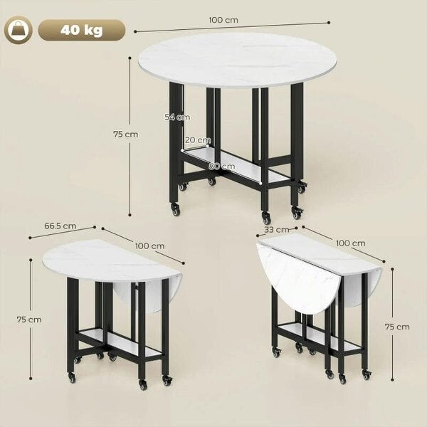 Folding Dining Table, Drop Leaf Table with Open Shelf, Rolling Kitchen Table for Dining Room, Small Spaces, White Marble