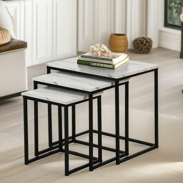 Rafaelo Mobilia Set Of 3 Square Nesting Tables Marble Effect