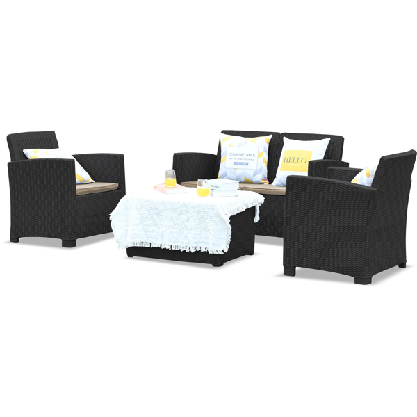 Centurion Supports SANTANA 4 Piece PE Rattan 4-Seater with Cushions Garden Furniture and Coffee Table Set in Black