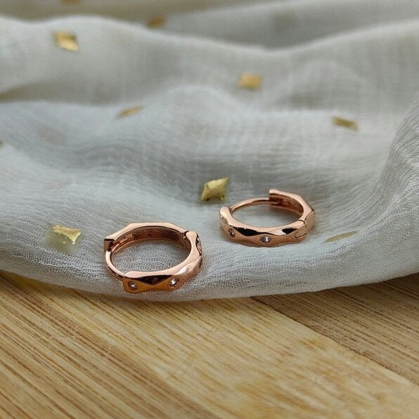 The Colourful Aura Sterling Silver Hexagon Zircon Wave Slim Everyday Tiny Hoop Earring - Rose Gold - Rose Gold