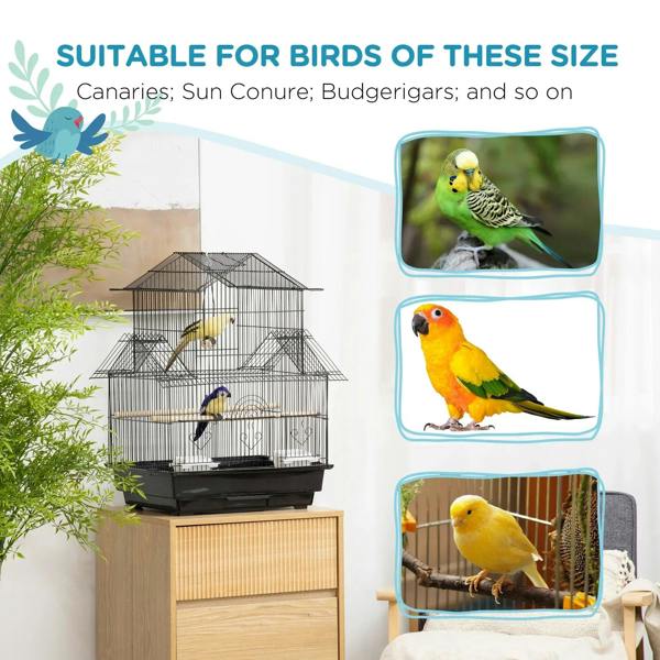 Black metal bird cage with swing perch and built-in base tray