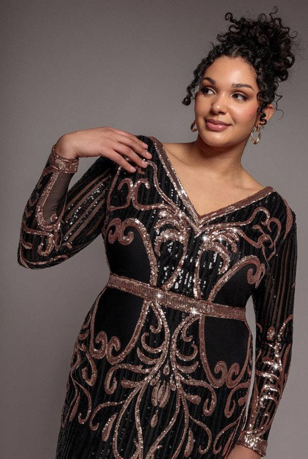 Sequin Mesh V Neck Midi Dress - Black DR3234P