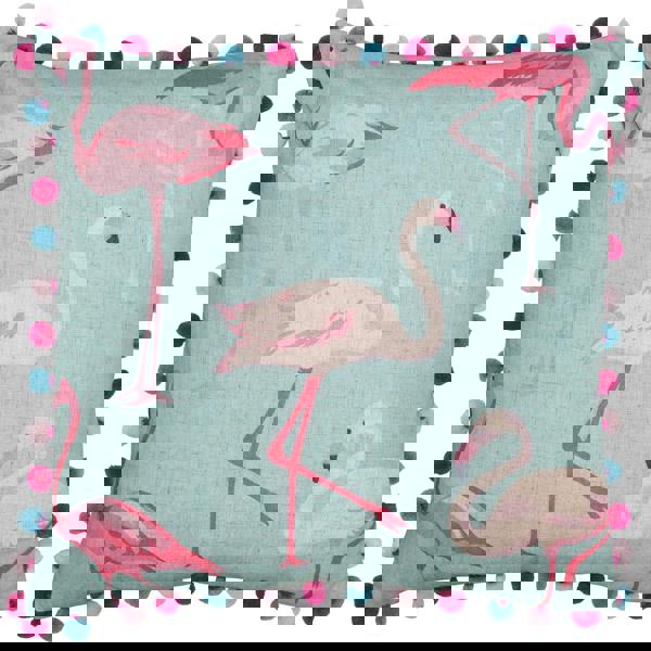 Riva Home Flamingo Pom Pom Edged Square Cushion Cover - Duck Egg