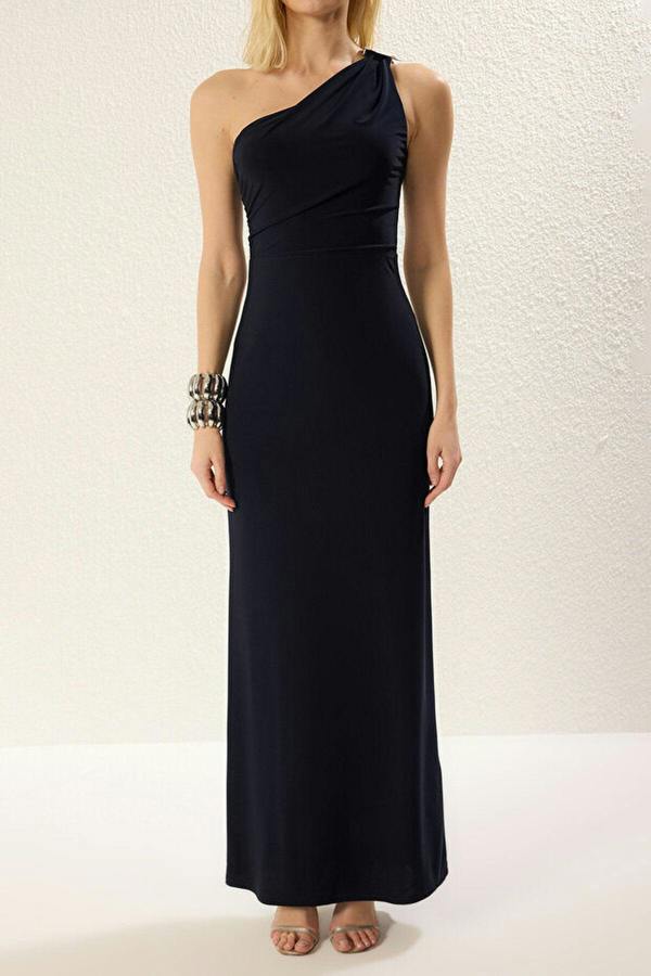 WOVCOR One-Shoulder Knitted Maxi Elegant Evening Dress with Accessory Details