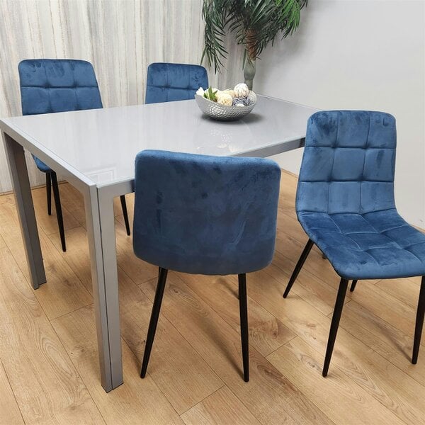 Kosy Koala Dining Table and 4 Blue Velvet Chairs Grey Glass Table 4 Velvet Chairs  Dining Room Furniture