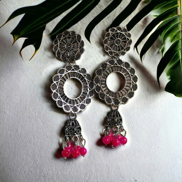 The Colourful Aura Indian Boho Oxidised Drop Ethnic Jhumkis Earrings