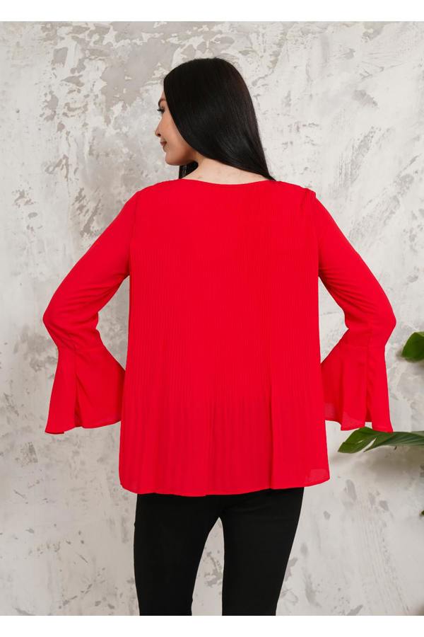 Hoxton Gal Oversized Bell Sleeve Detailed Pleated Blouse Top in Red