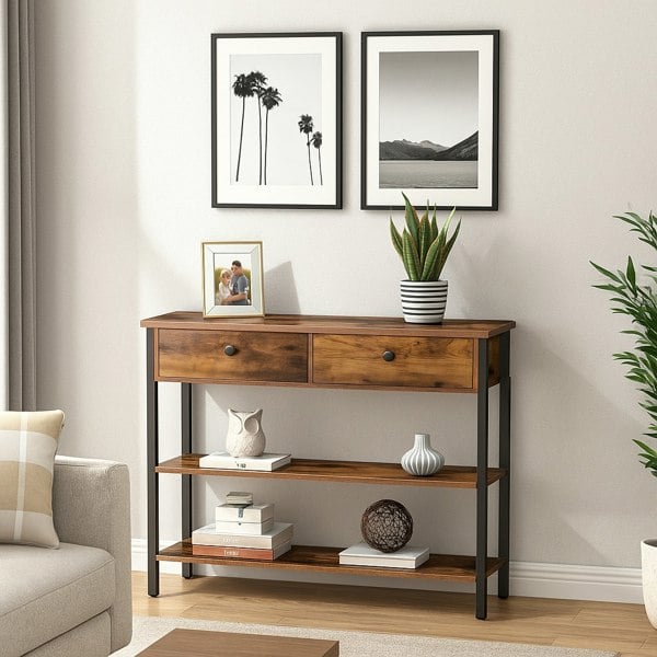 Modcraft Rustic Brown Console Table with 2 Drawers – Industrial Hallway Table Sofa Side Table with Storage