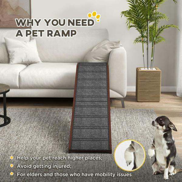 Brown pet ramp with grey non-slip surface and side support rails