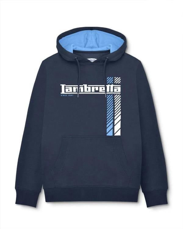 Lambretta Mens Racing Stripe Pull Over Sweatshirt Hooded Hoodie, navy blue hoodie with blue and white racing stripes and Lambretta logo on front.