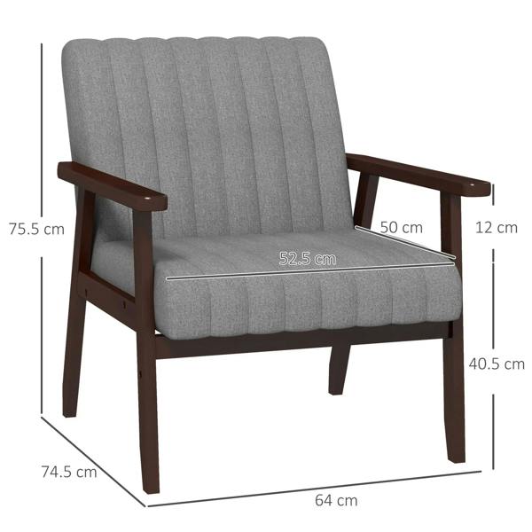 Grey accent chair with wooden armrests and detailed size measurements