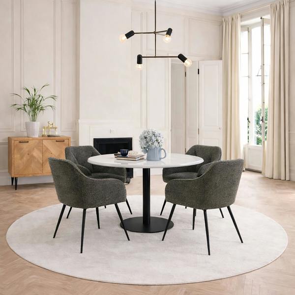 Furniture To Go Corby Round Dining Table with White Polished Marble Top & Black Base includes 4 Brooke Dining Chairs with Arm Rest in Taupe