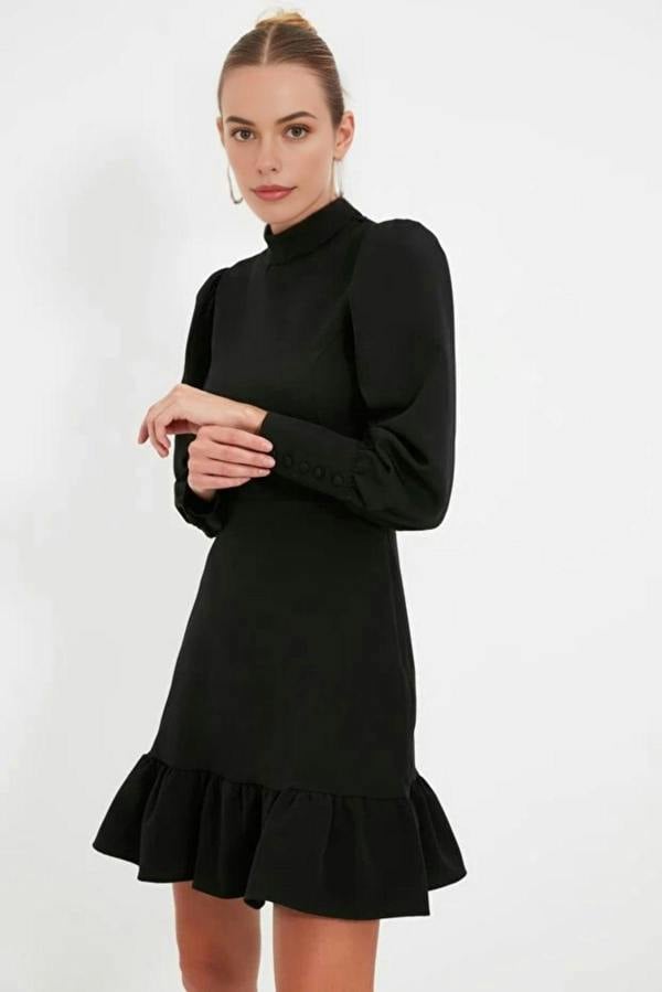 WOVCOR A-Line Stand-Neck Mini Woven Dress with Gathered Skirt