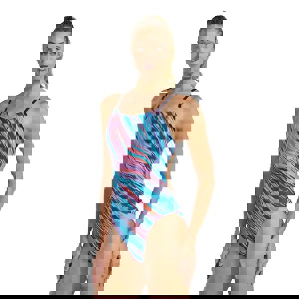 Pink multi TYR Riptidal Durafast Elite Cutoutfit swimsuit with blue pink abstract print