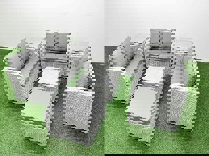 Fimous  7 Seater PE Wicker Rattan Furniture Sofa Sets with Square Coffee Table 2 Seater Love Sofa Big Footstool 2 Side Table Light Grey