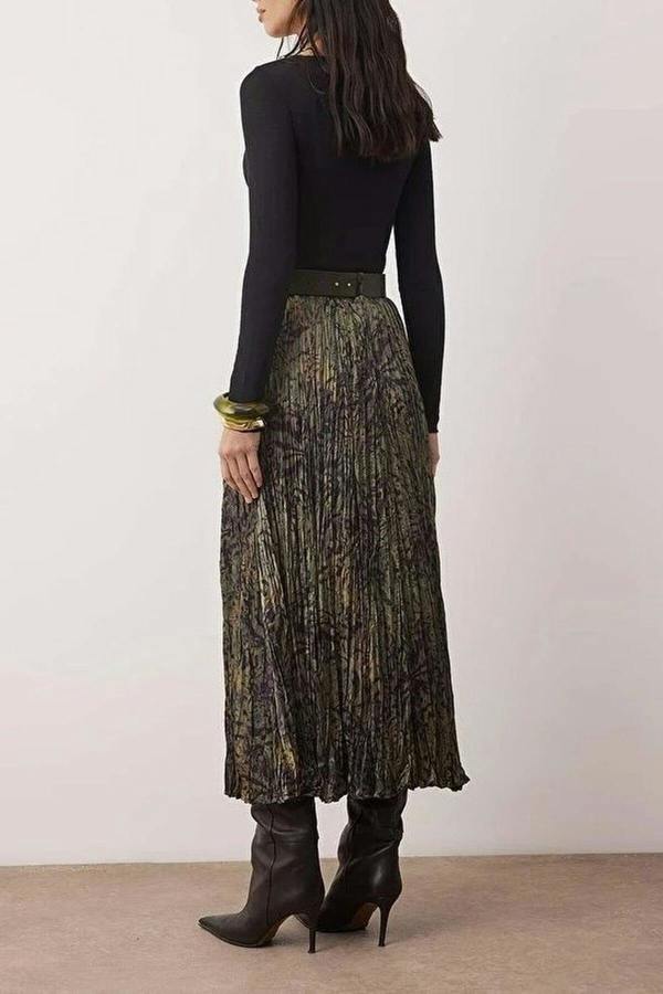 WOVCOR Animal Print Belted Midi Woven Satin Pleated Skirt
