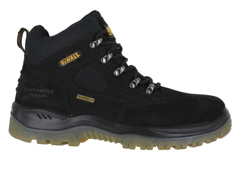 DeWalt Challenger Mens Waterproof Safety S3 Steel Toe Work Boots, black work boot with steel toe cap and rugged sole.