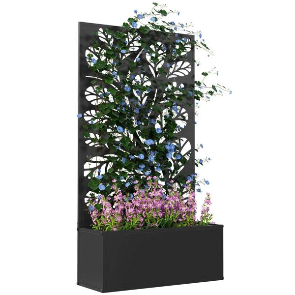 Black metal outdoor planter box with built-in back trellis and blooming blue/pink flowers