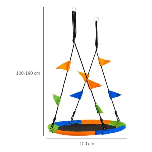 Adjustable saucer swing seat with multicolor fabric straps and four suspension ropes