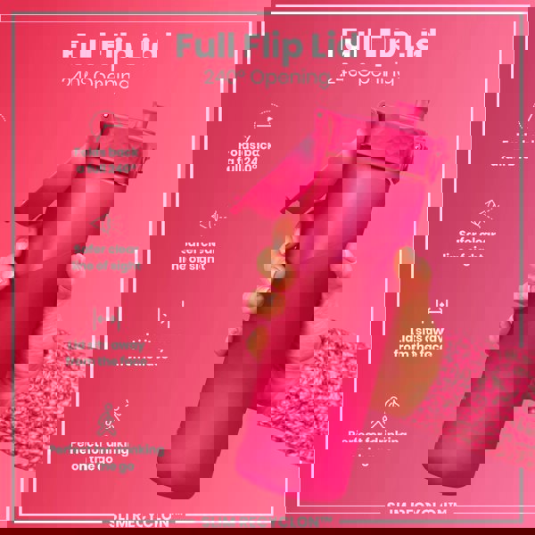 A pink water bottle with a flip lid is being held; its lid is open to 240 degrees against a pink background. Full Flip Lid, 240° Opening, SLIM RECYCLON™.