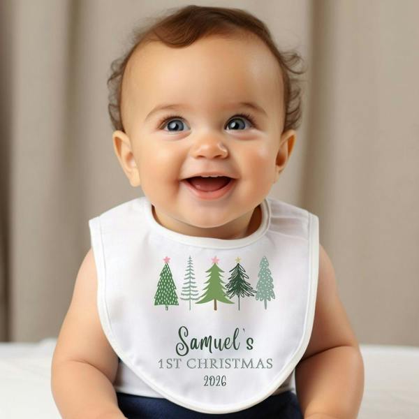 Personalised 1st Christmas Fir Tree Babygrow | Name Vest or Bib UK