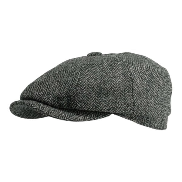 Gamble & Gunn 'Ramsden' Classic 8 Panel Shetland Wool Tweed Grey Herringbone Button Top Cap