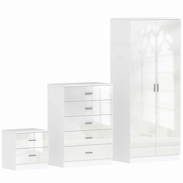 White high-gloss wardrobe with mirrored doors and matching drawer cabinets