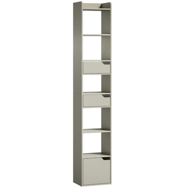 Bookcase Tall Narrow with 5 Tiers and Drawers Freestanding Bookshelf Storage Cabinet for Living Room Grey