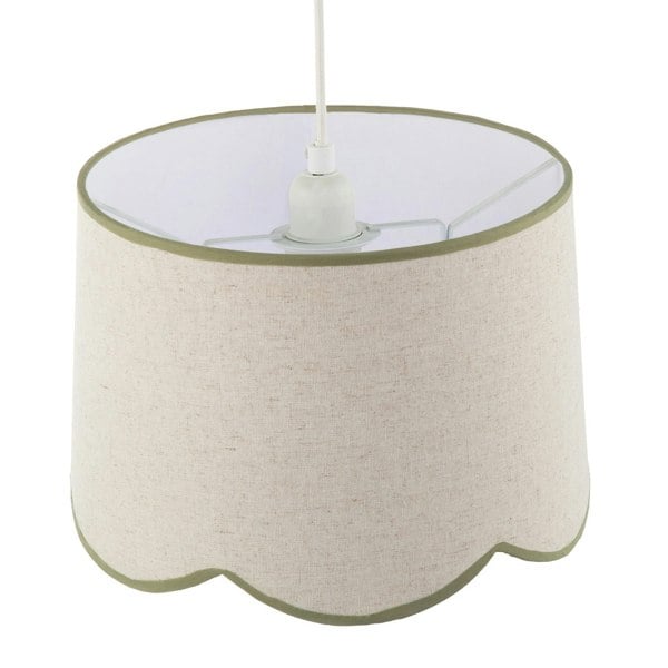 Natural Oatmeal Textured Linen Scallop Lamp Shade with Olive Trims Image 5