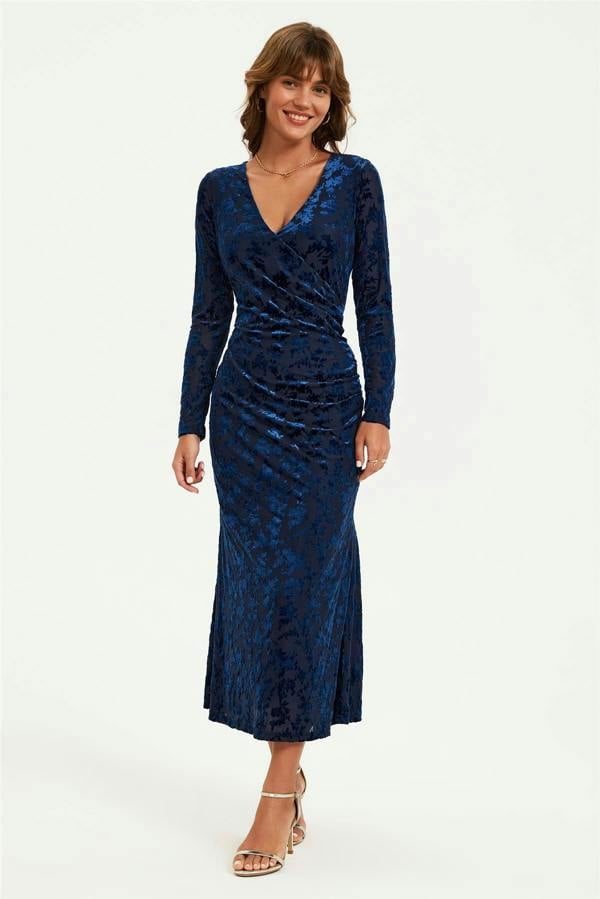 FS Collection Floral Velvet Devore Long Sleeve Wrap Midi Dress In Navy