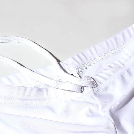 Close-up of white Optimum Multi-X shorts waistband with white drawstring, on white - Optimum