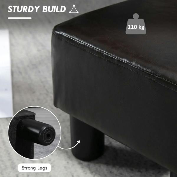 Dark PU leather cube ottoman with stitched edge; close-up of sturdy plastic leg.