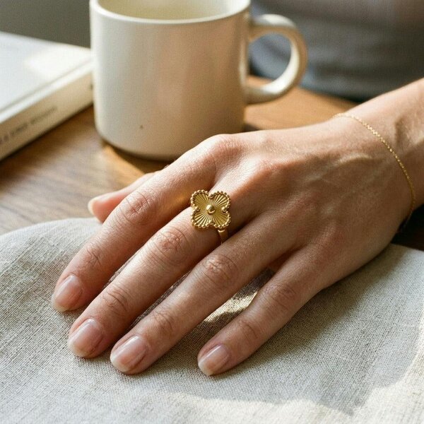 The Colourful Aura Gold Tone Four Leaf Clover Adjustable Ring, Black, White or Gold
