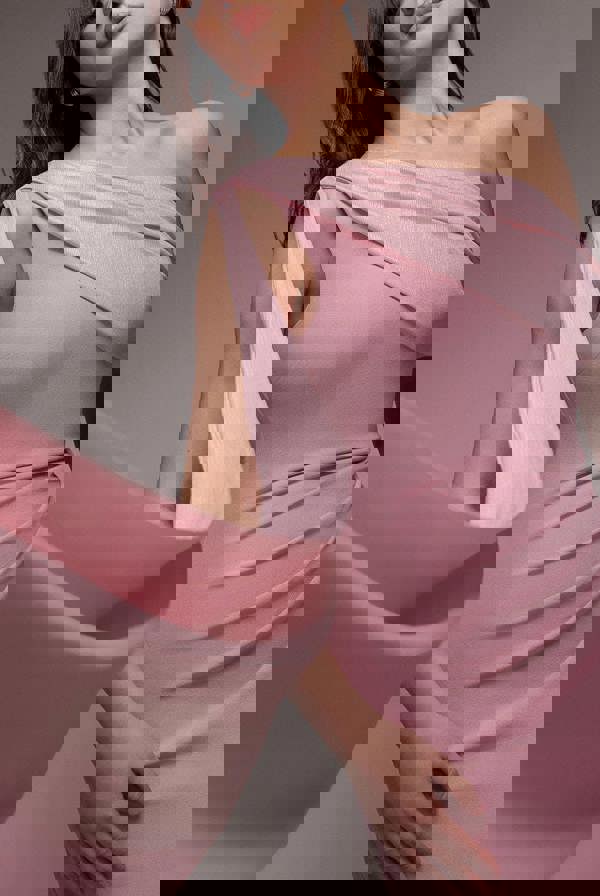 Lurex Pleated Bardot One Shoulder Cape Maxi Dress - Blush Pink DR4984QZ