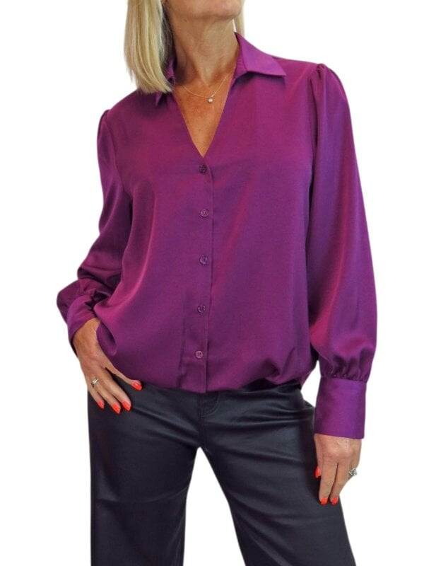 Paulo Due Women's Satin Blouse Ladies Long Sleeve Button Through Shirt - Deep Plum
