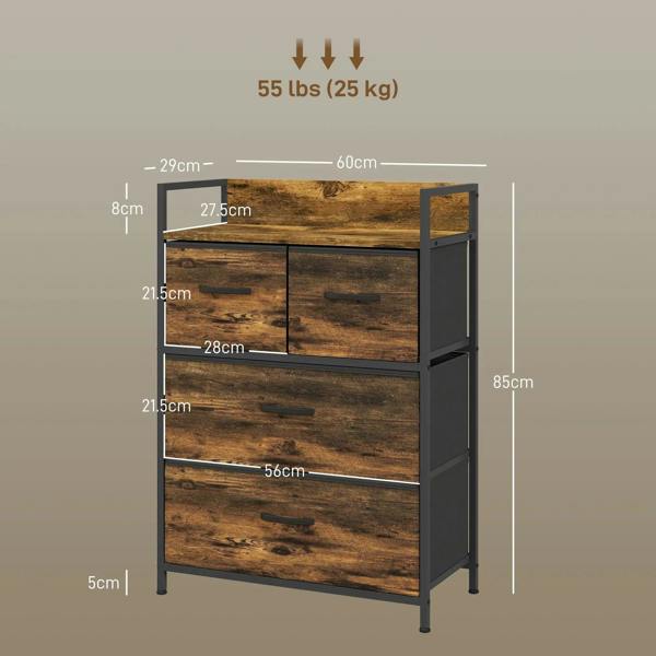 Rustic brown four-drawer chest dimensions diagram showing height, width, and depth