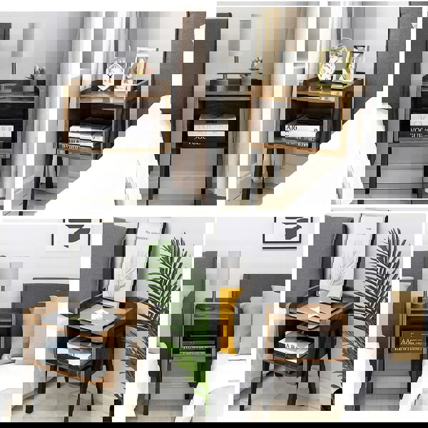 Modcraft Industrial Rustic Bedside Table Stackable 2 Tier Side Table with Storage Shelf Brown