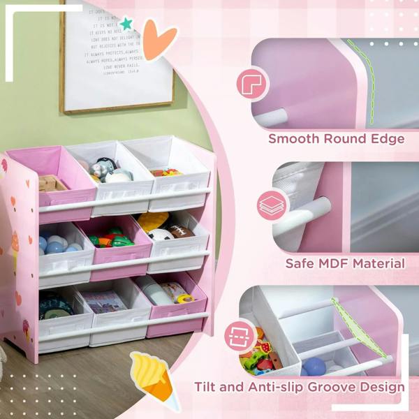 Pink kids storage rack with nine removable white bins, showing front compartments