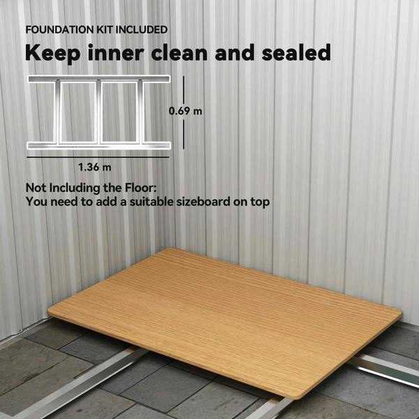 Green metal shed interior with included base frame and flat floor panel