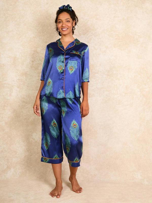 Their Nibs Womens Satin Cropped Sleeve Capri Pyjamas Navy Blue Peacock Feather